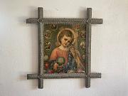 Uralter Bilderrahmen aus Holz mit religiösem Motiv hinter Glas, ca. H 55 cm x B 52 cm